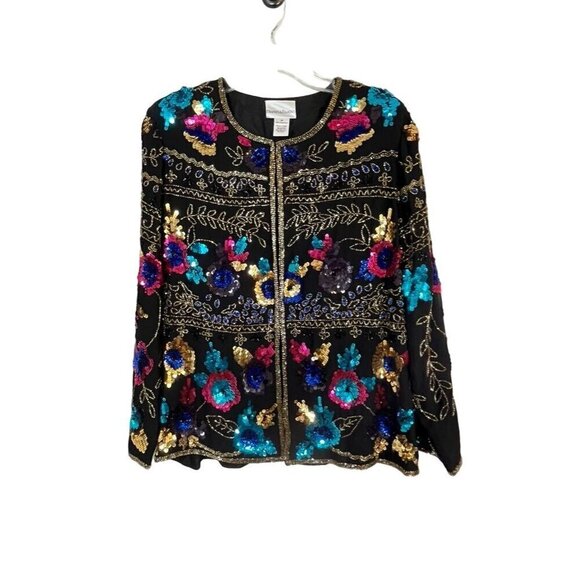 Drapers Damons Jacket M Black Sequin Floral Beaded Old Money Mature Artsy Party - Picture 1 of 15